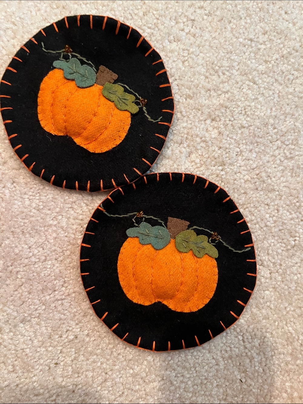 Pumpkin Felt Coasters - Orange on Black (Set of 2) NWT